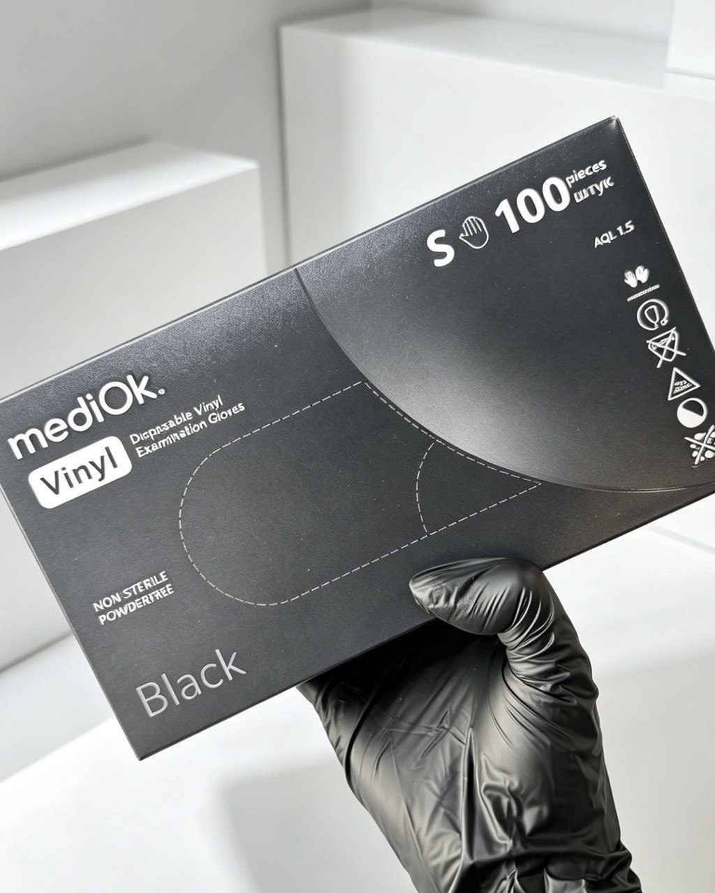 МедиОк Виниловые неопудренные перчатки черный S, 50 пар